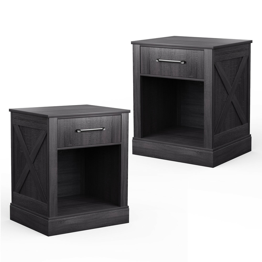 Gymax 2PCS Nightstand with Drawer and Shelf Rustic Wooden Bedside