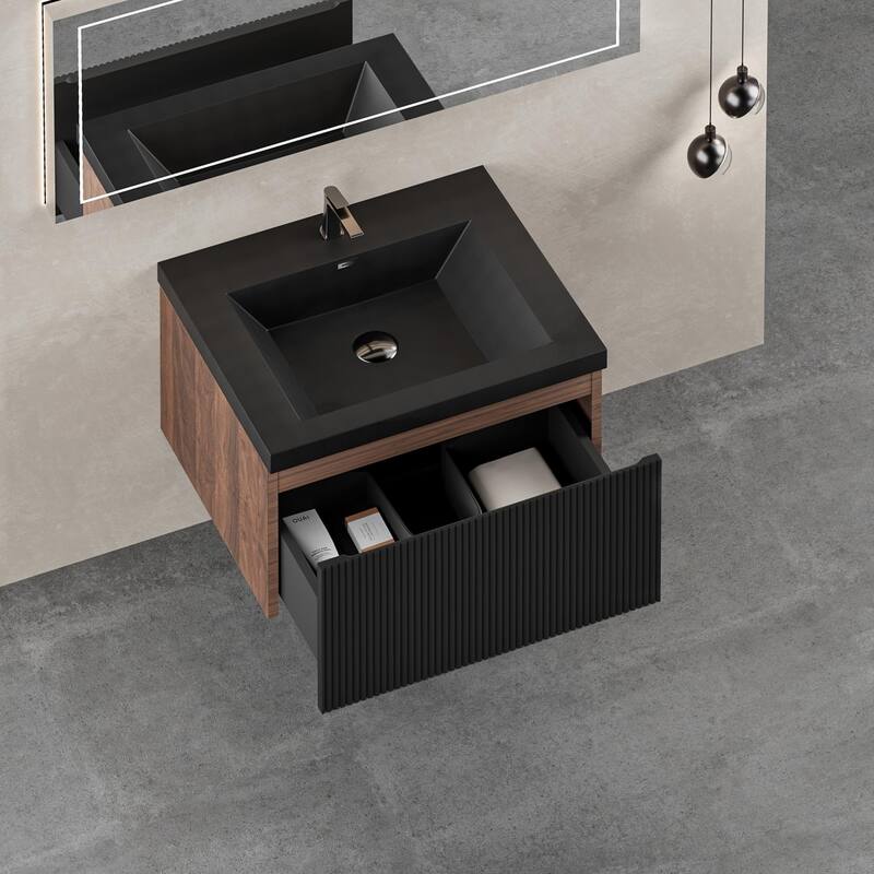 GDFStudio - Carson 24-Inch Floating Bathroom Vanity with Quartz Sand Basin and Fluted Storage Drawer