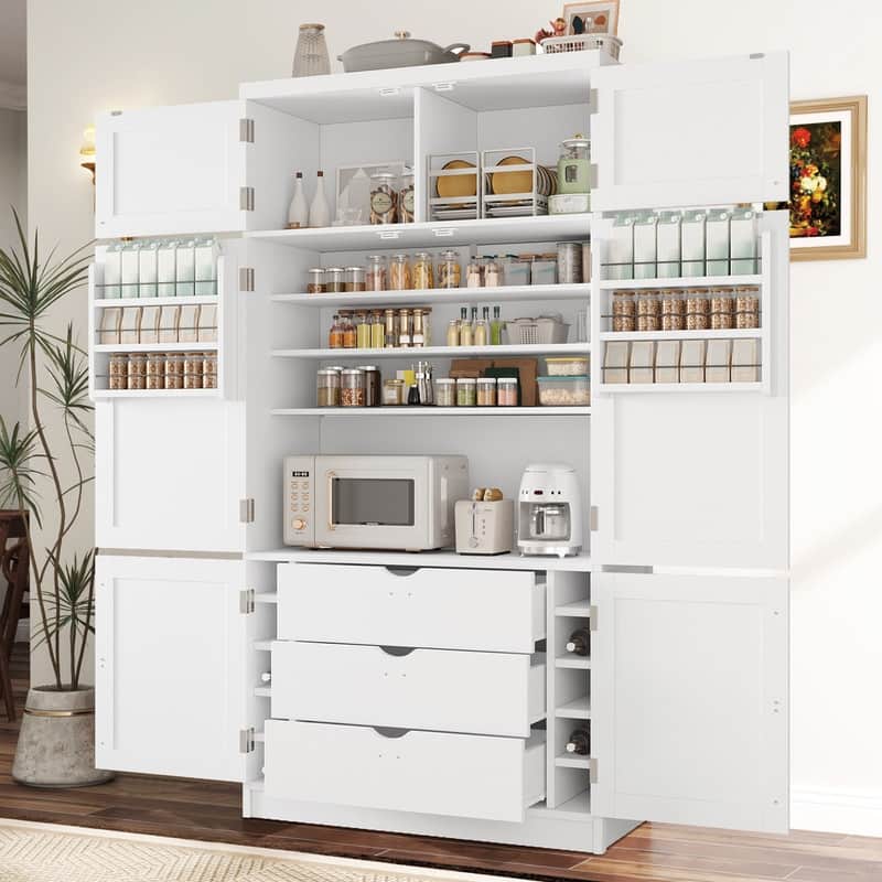 Modern 80.1" Tall Freestanding Kitchen Pantry Cabinet with Adjustable Shelves and 2 Power Outlets