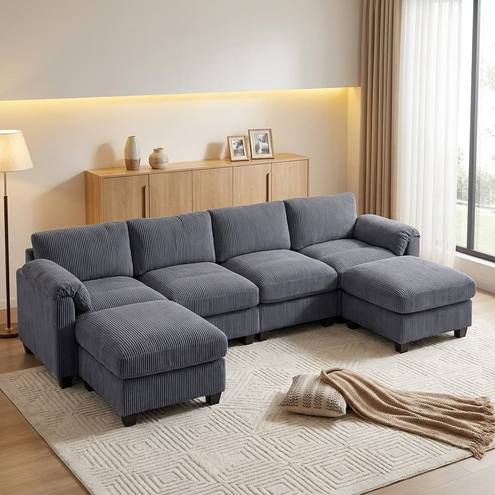 Modern Couduroy Modular Sectional Sofa Couch with Ottoman for Living Room
