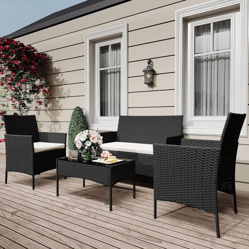 4-Piece Patio Rattan Furniture Set with Tempered Glass Table for Garden