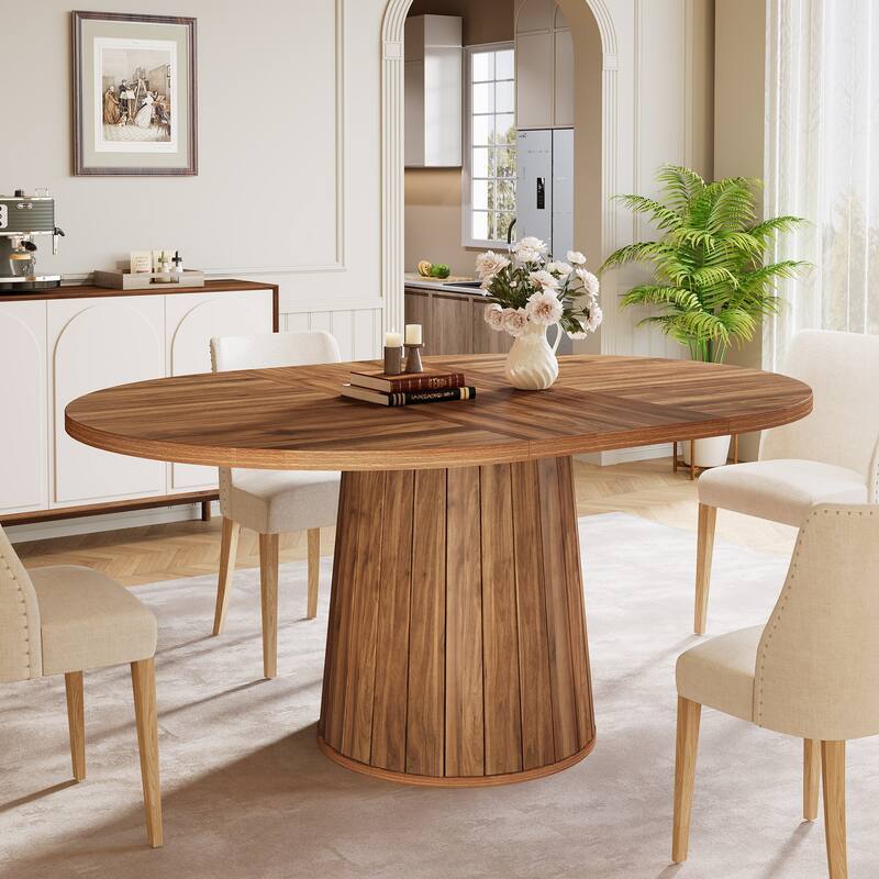 55-Inch Oval Farmhouse Dining Table for 6, Pedestal Base Kitchen Table - Brown