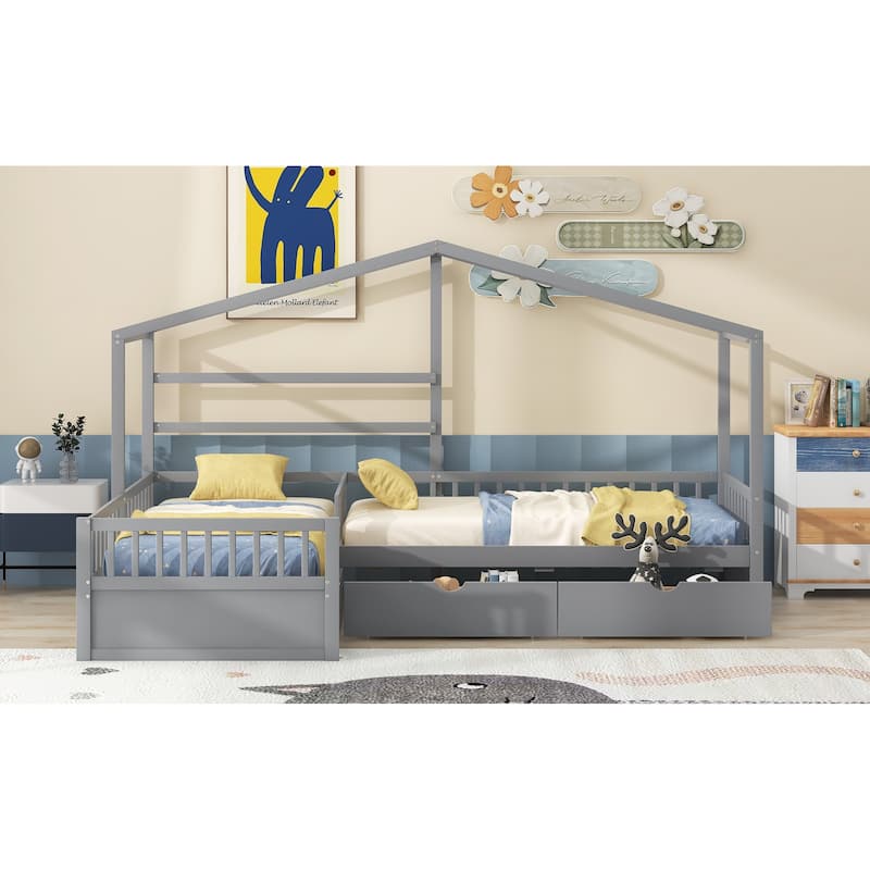 Gray Double Twin L-Shaped House Platform Bed with Drawers and Guardrail
