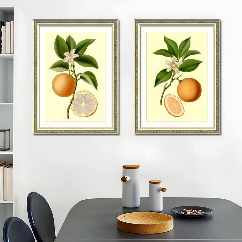Set of 2 Orange Fruit Botanical Framed Wall Art - Replaceable Canvas Prints with Solid Wood Picture Frames - Green,Orange - Gold/Brown
