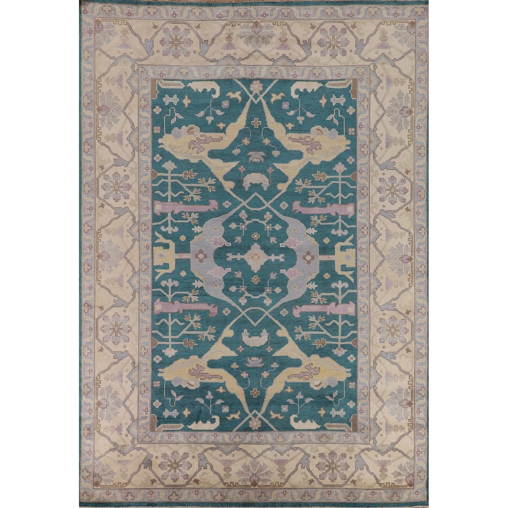 Teal Oushak Indian Area Rug Hand-Knotted Wool Carpet - 9'1" x 12'0"