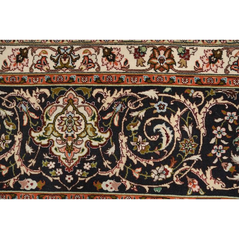 Hand Knotted Oriental Wool & Silk Carpet Traditional Floral Red Tabriz Area Rug - 13' 0'' X 9' 10''