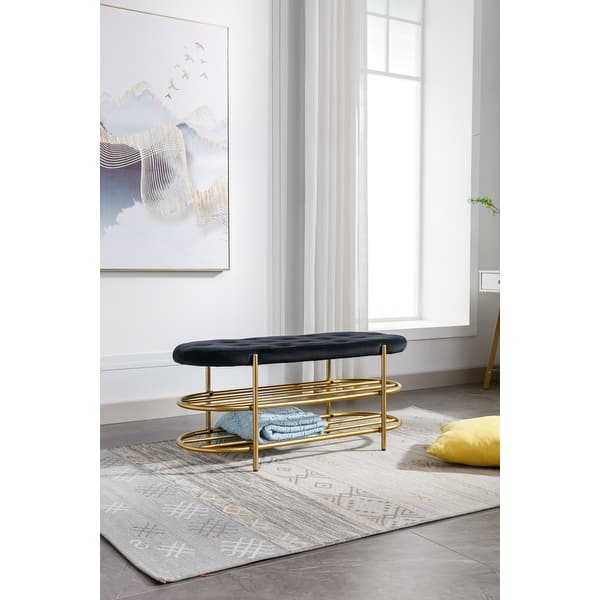 2 in 1 Shoe Rack Bench Modern Upholstered Velvet Entryway Bench with Storage Shelves Foot Rest