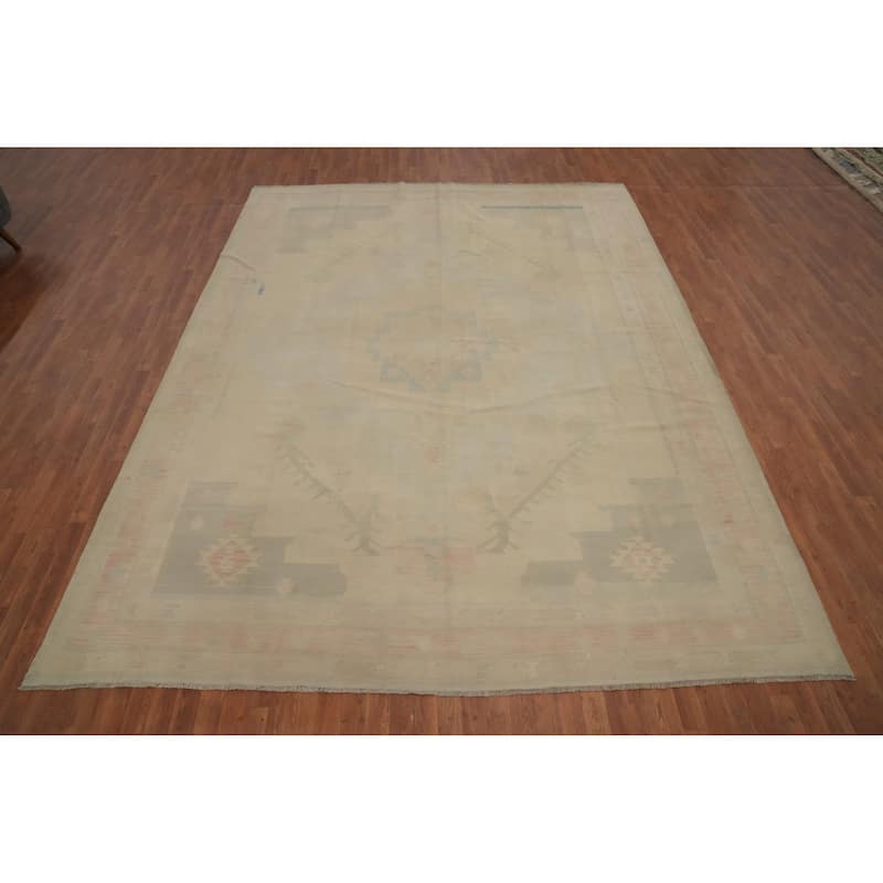 Hand Woven Oriental 100% Wool Carpet Southwestern Tribal Beige & Ivories Kilim Area Rug - 12' 9'' X 9' 9''