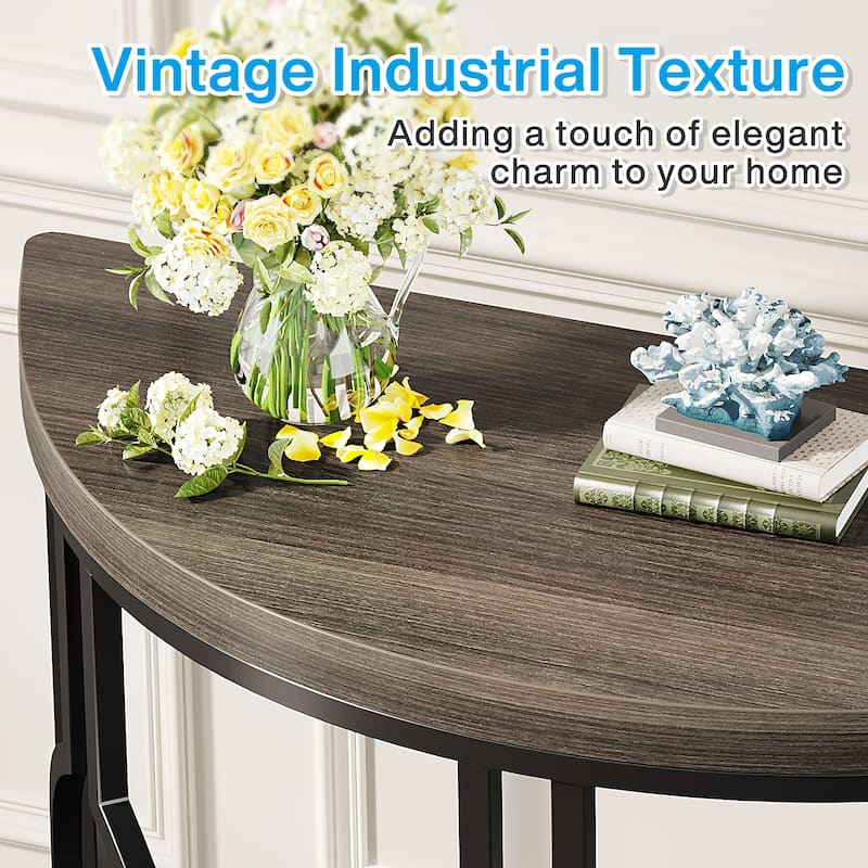 43" Half Moon Console Table for Entryway, Industrial Semi Circle Sofa Table with Geometric Base