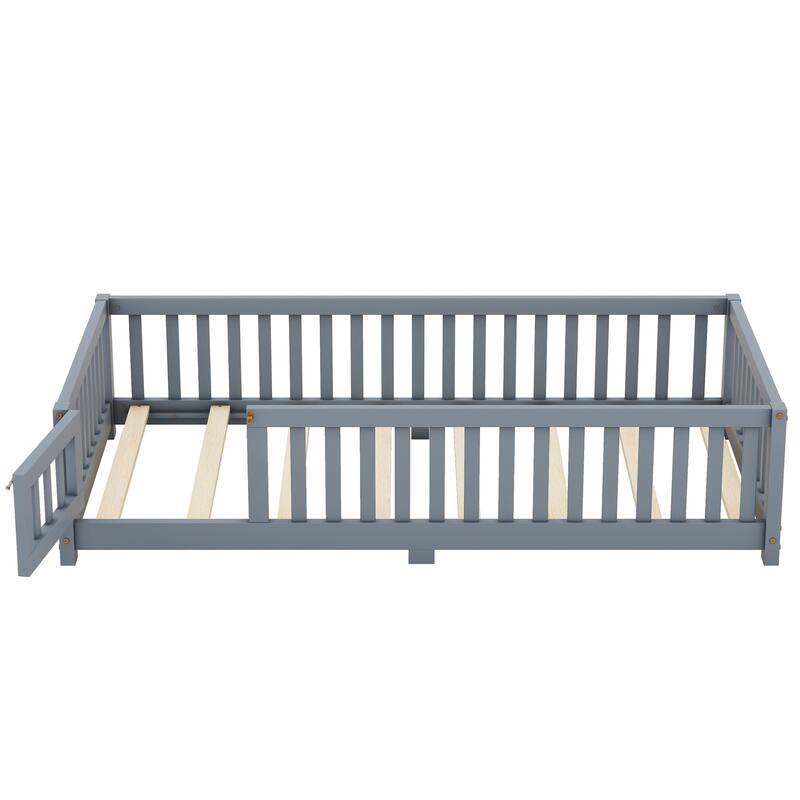 Pine Wood Floor Bed with Safety Guardrails and Door for Kids, Boys, Girls, Bedroom