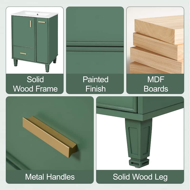Roomfitters Bathroom Vanity with Sink, Cabinet with Door Shelf, Deep Drawer and Two-Tier Pull-Out Basket, Solid Wood Frame