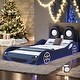 preview thumbnail 1 of 12, Blue Wood Twin Size Race Car Bed Platform Bed with LED and Upholstered Backrest