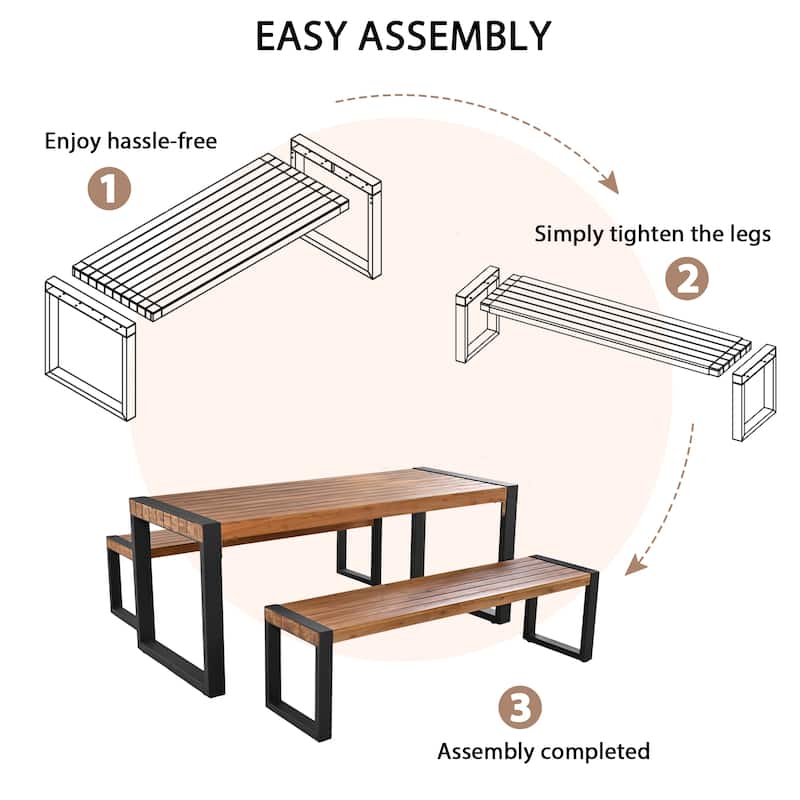 3-pieces Outdoor Dining Table with 2 Benches, Acacia Wood Top & Steel Frame