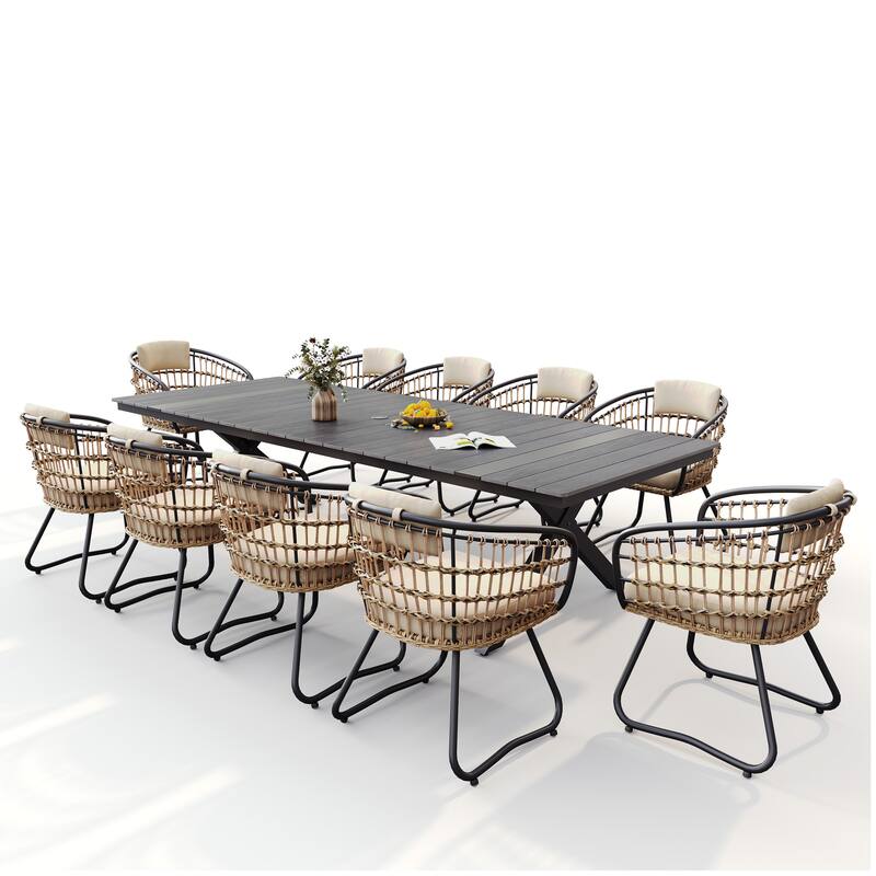 VredHom 11PC Outdoor Patio Aluminum X-Frame Dining Set Table with Rattan Chairs Umbrella Hole