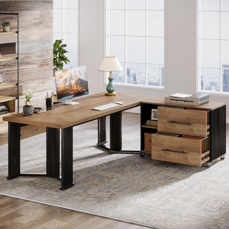 Executive Desk with File Cabinet, Large L Shaped Computer Office Desk with 2 Drawers