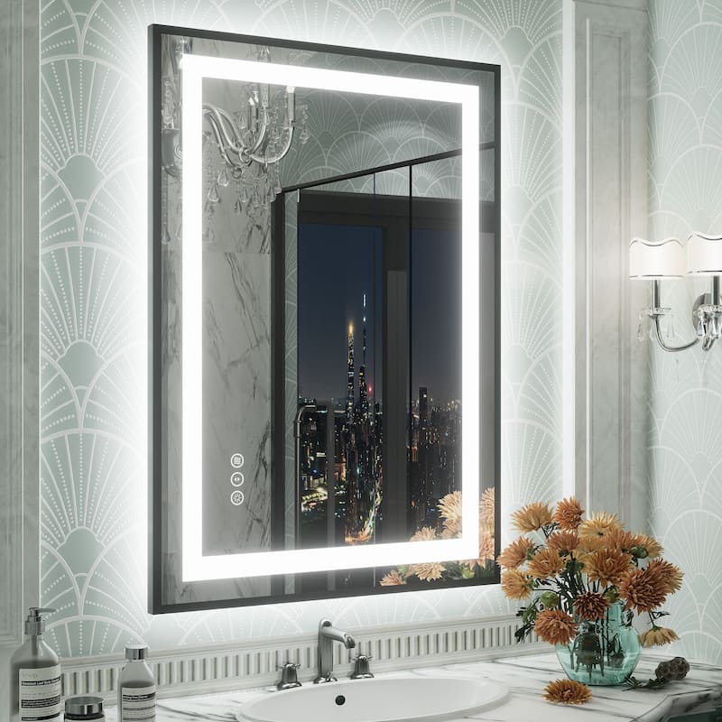 Black Metal Framed LED Front Light and Backlit Anti-Fog Wall Bathroom/ Vanity Mirror - 28" x 20"-Square Corner - Black