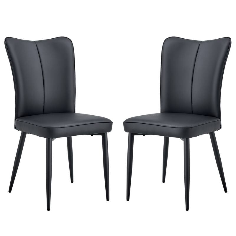 Modern Black PU Chair Set - 2 Pieces, The backrest has a vertical and smooth line design.Black Metal Leg