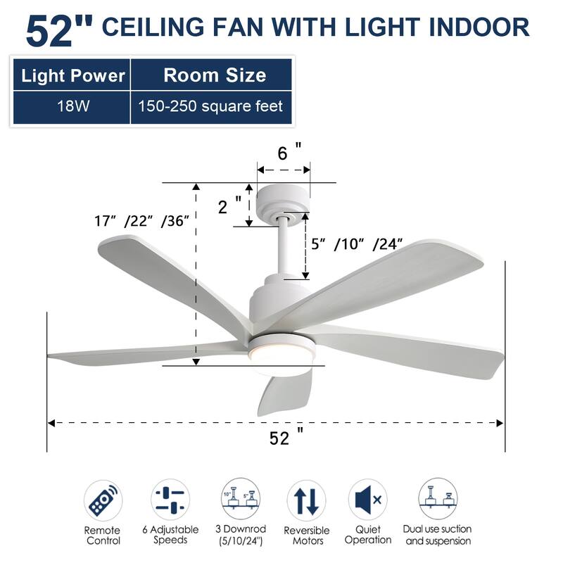 52" Indoor Ceiling Fan with Light, 5 Solid Wood Blades Smart Remote Control Reversible DC Motor Ceiling Fan