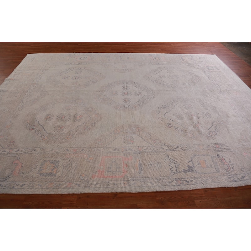 Hand Knotted Oriental 100% Wool Carpet Transitional Geometric Beige & Ivories Oushak Area Rug - 12' 0'' X 8' 10''