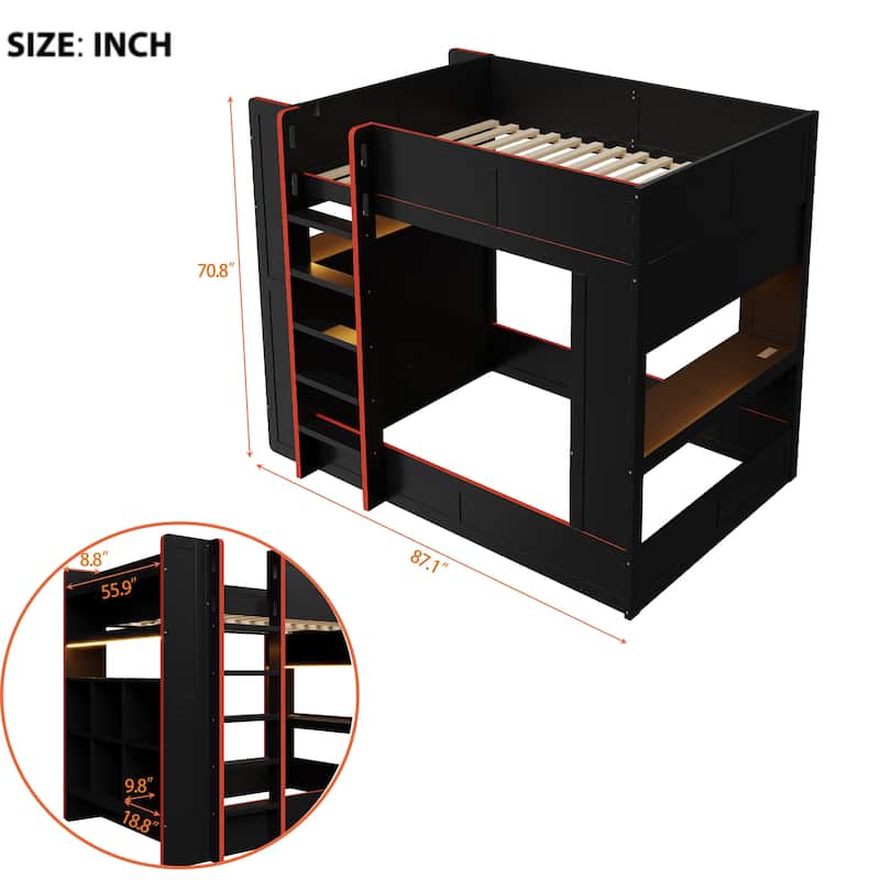 Black Bunk Bed Full Size Wood Gaming Bunk Bed Frame with Desk, Storage Shelves, LED and Charging Station, Full over Full Bed