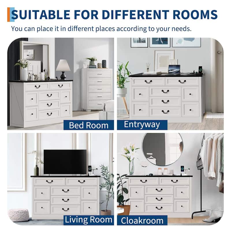 Farmhouse 9-Drawer Dresser with Charging Station, 54" Wide Wood Chest of Drawers with Metal Handles
