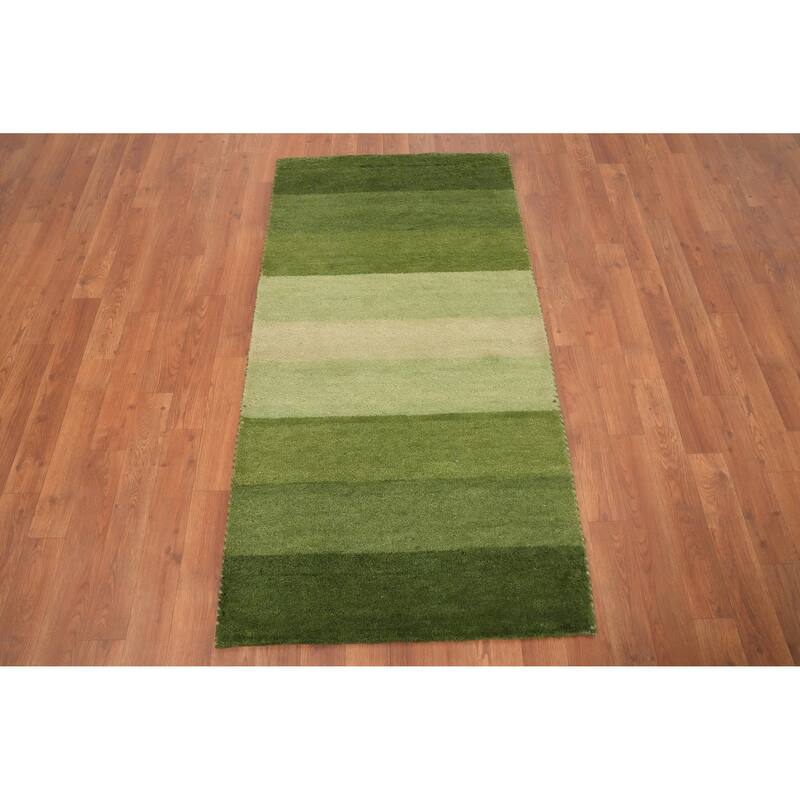 Hand Knotted Oriental 100% Wool Carpet Modern Stripe Green Gabbeh Runner Rug - 4' 8'' X 2' 5''