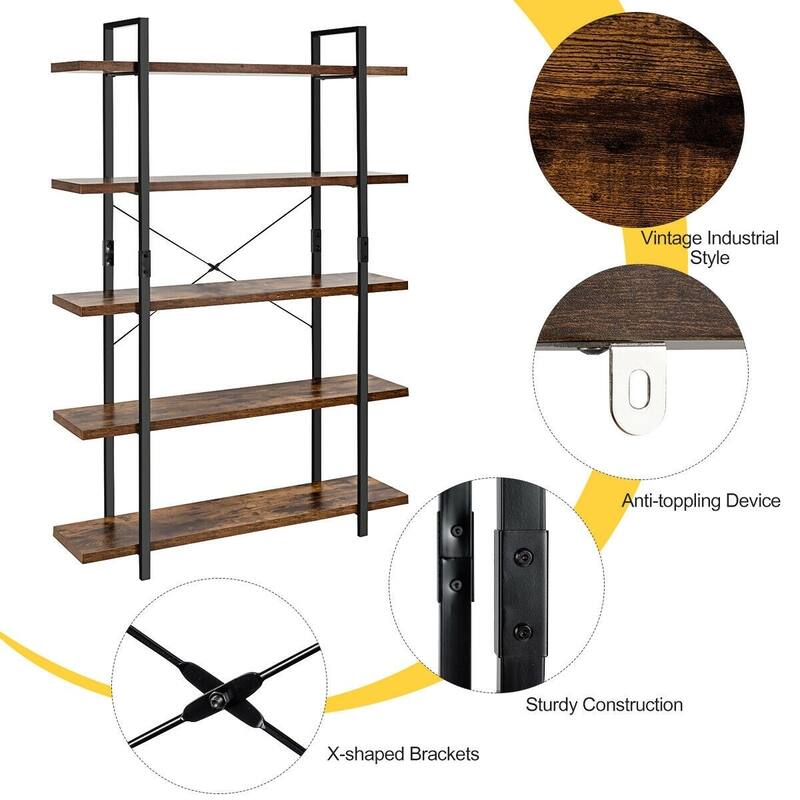 5-Tier Industrial Bookshelf Bookcase Open Storage Shelf Display Rack - 47" x 12.5" x 70" (L x W x H)