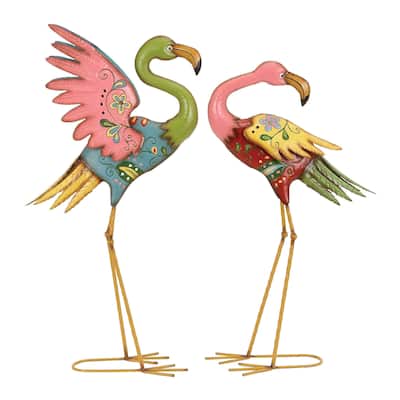 Metal Flamingo Indoor Outdoor Embossed Standing Decorative Garden Sculpture - Set of 2 Multi Colored - Roche River Decor