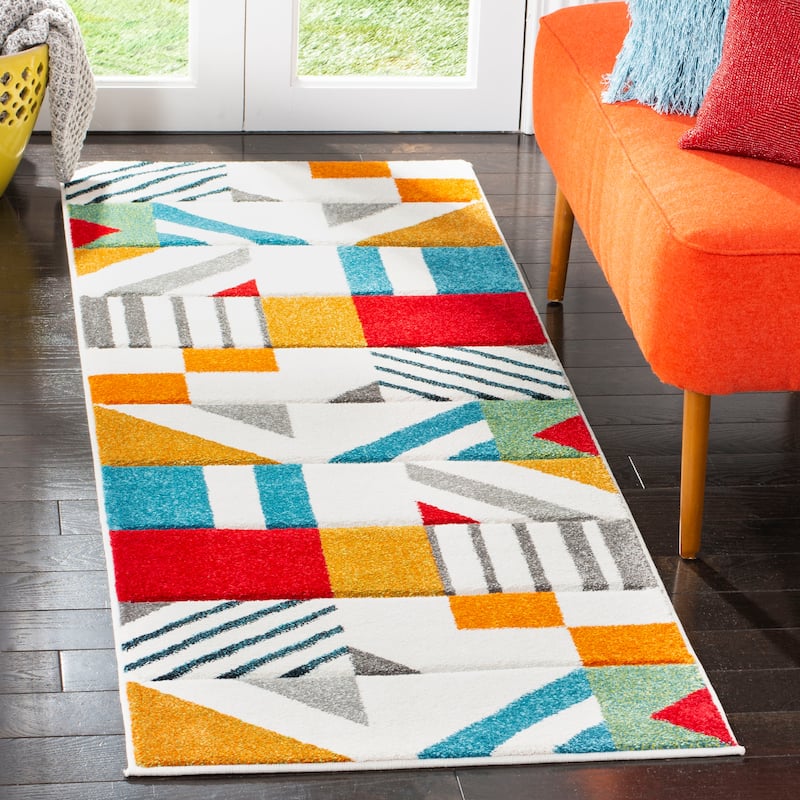 SAFAVIEH Hollywood Tzana Mid-Century Modern Abstract Rug - 2'3" x 12' Runner - Ivory/Peacock Blue