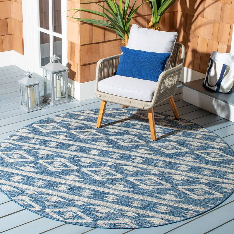 SAFAVIEH Courtyard Fraidel Indoor/ Outdoor Waterproof Patio Backyard Rug - 6'7" Round - Navy/Grey