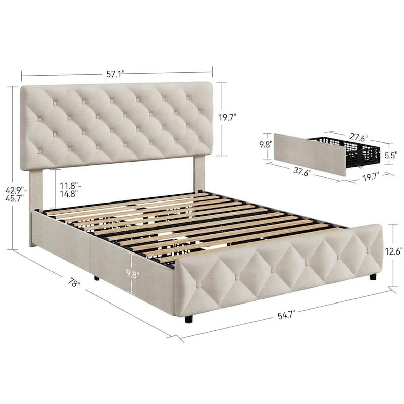 Bed Frame with 4 Storage Drawers and Adjustable Headboard