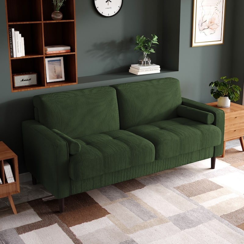 Modern Corduroy Upholstered 2 Seater Sofa with Bolster Pillows