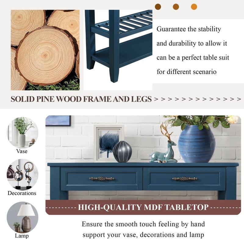 3-Tier Console Table for Entryway, 42.01 Inch Solid Wood Entryway Table with Drawers and 2 Storage Shelves, Pine Accent Table