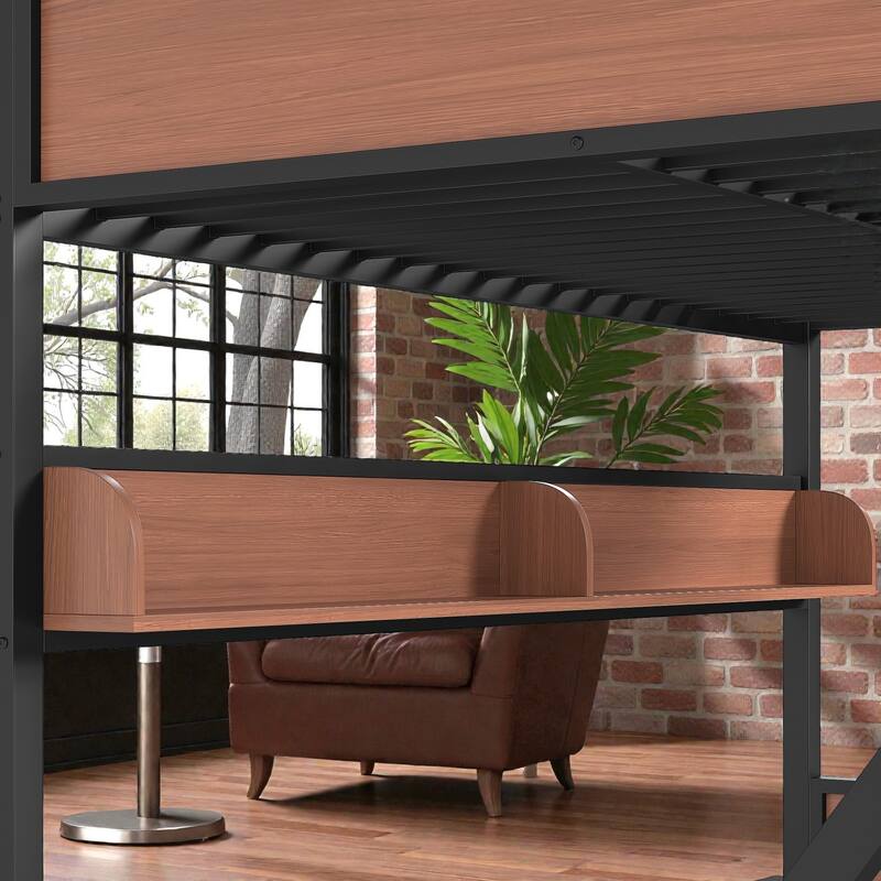 Metal Bunk Bed with Storage Shelves and LED Lights, Space Saving Noise Free Bunk Bed Frame with Guardrails