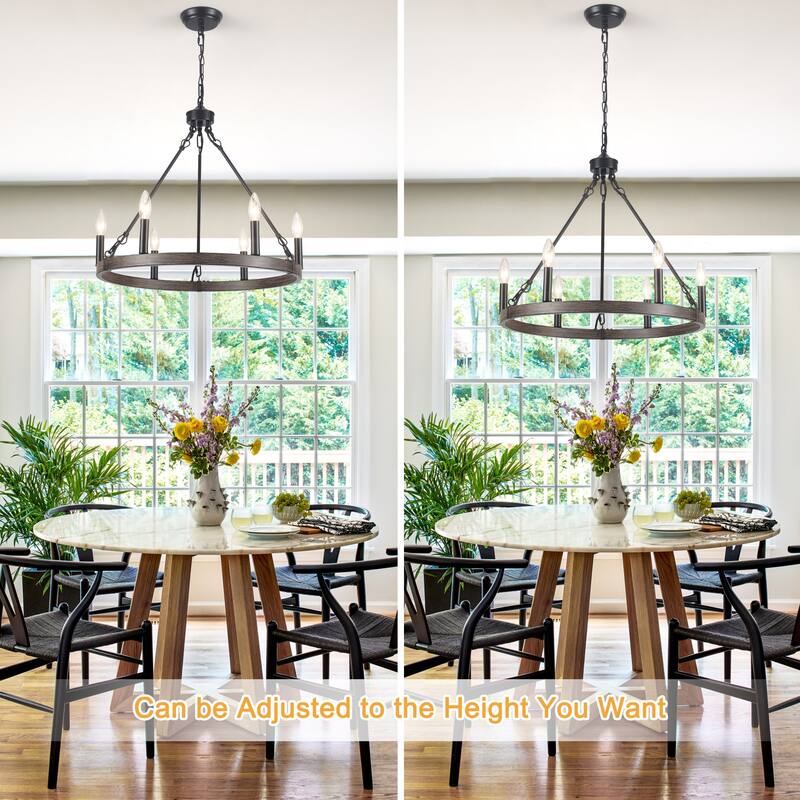 22.04 in. 6-Light Black Rustic Farmhouse Chandelier, Wagon Wheel Chandelier for Dining Room Living Room Bedroom Kitchen