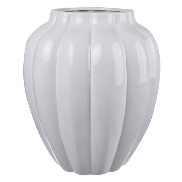 Ribbed Ceramic Vase With Narrow Bottom, White