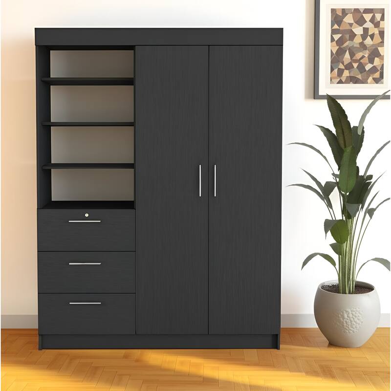 HomeRoots 79" Black Wood Two Door Three Drawer Combo Dresser - Black - 3-drawer