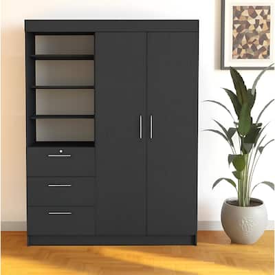 HomeRoots 79" Black Wood Two Door Three Drawer Combo Dresser
