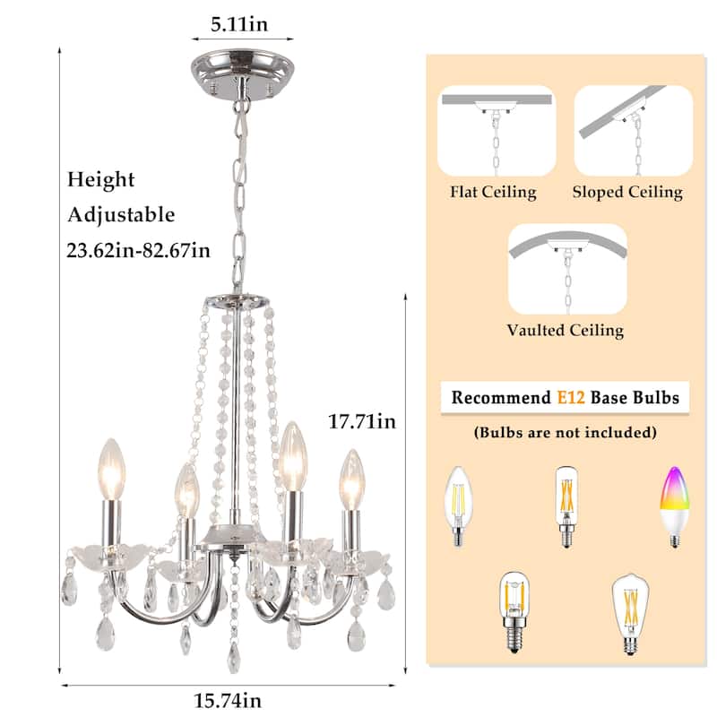 4-Light Candle Style Chandelier with Crystal Accents for Living Room Bedroom