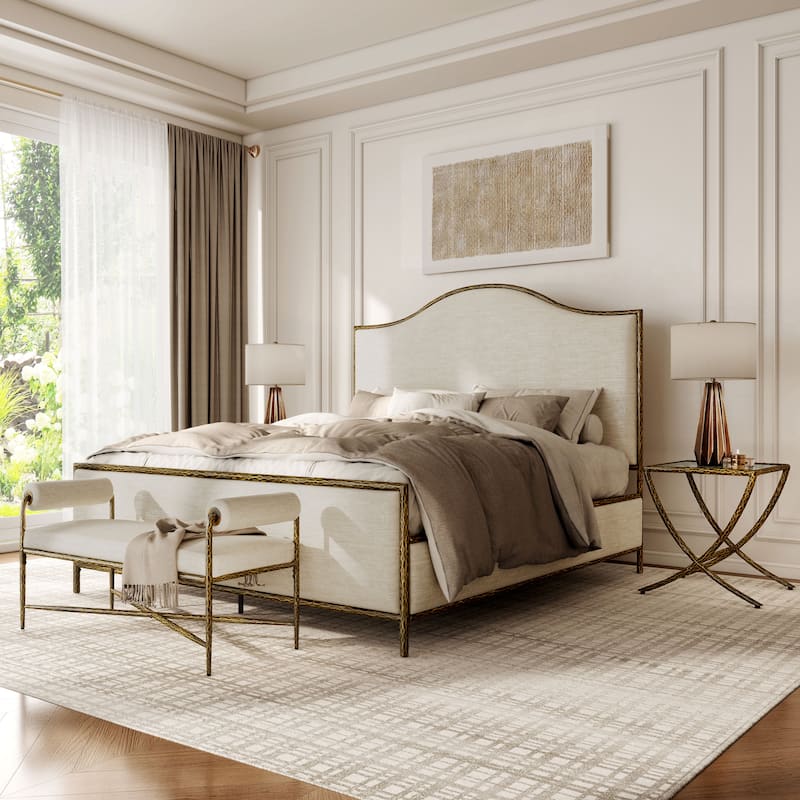 247 Shop At Home Lalia Modern 4-Piece Upholstered Hammered Metal Camelback Bedroom Set with 2 Nightstands