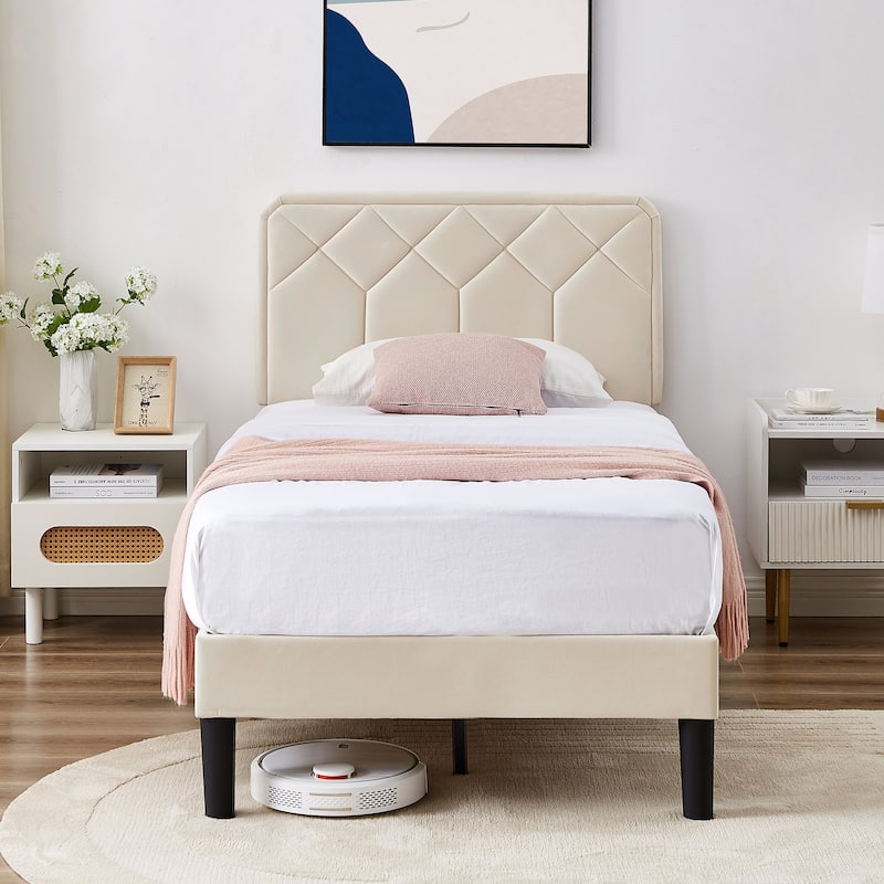 VECELO 3-Pieces Upholstered Platform Bed Frame with Adjustable Headboard and Nightstands Set of 2, Beige