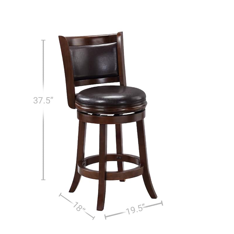Pal 24 Inch Swivel Counter Stool, Solid Wood, Faux Leather, Cappuccino Brown