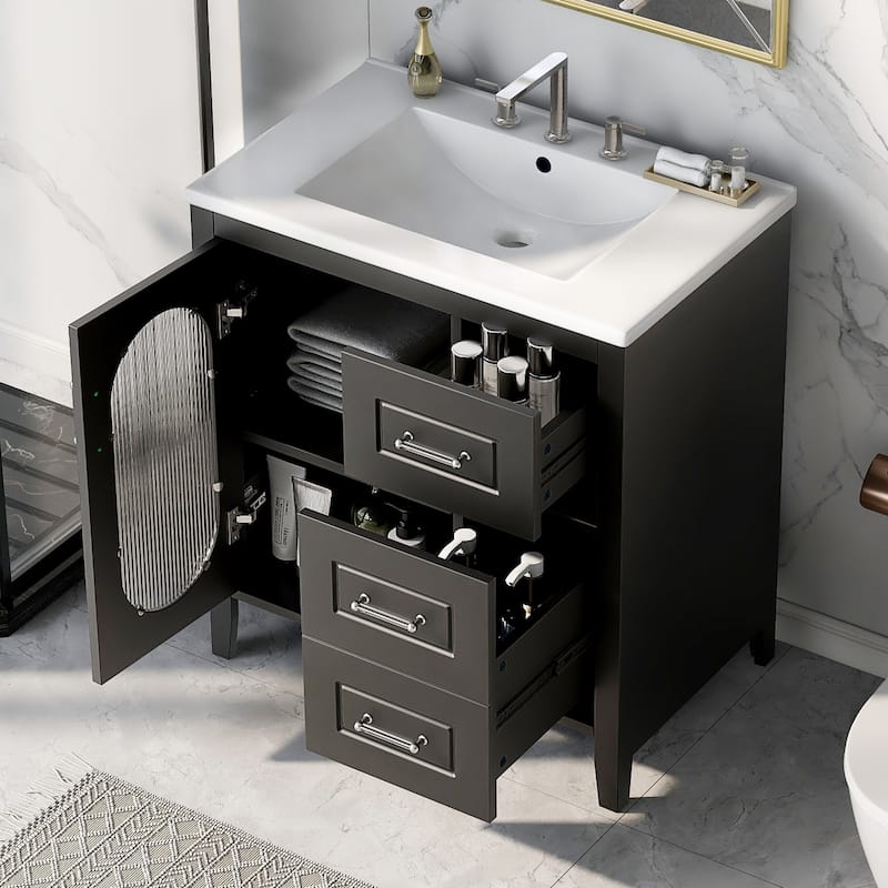 Modern Bathroom Storage Cabinet Vanity with Oval Hazy Glass Door, Acrylic Handles, 2 Different Size Drawers and Adjustable Shelf