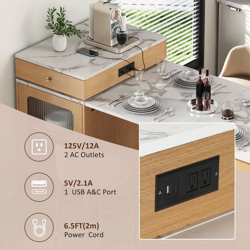 Roomfitters 59.5" Kitchen Island with 41.8" Extendable Dining Table, Double-Sided Storage, Power Outlet, 2 Drawers