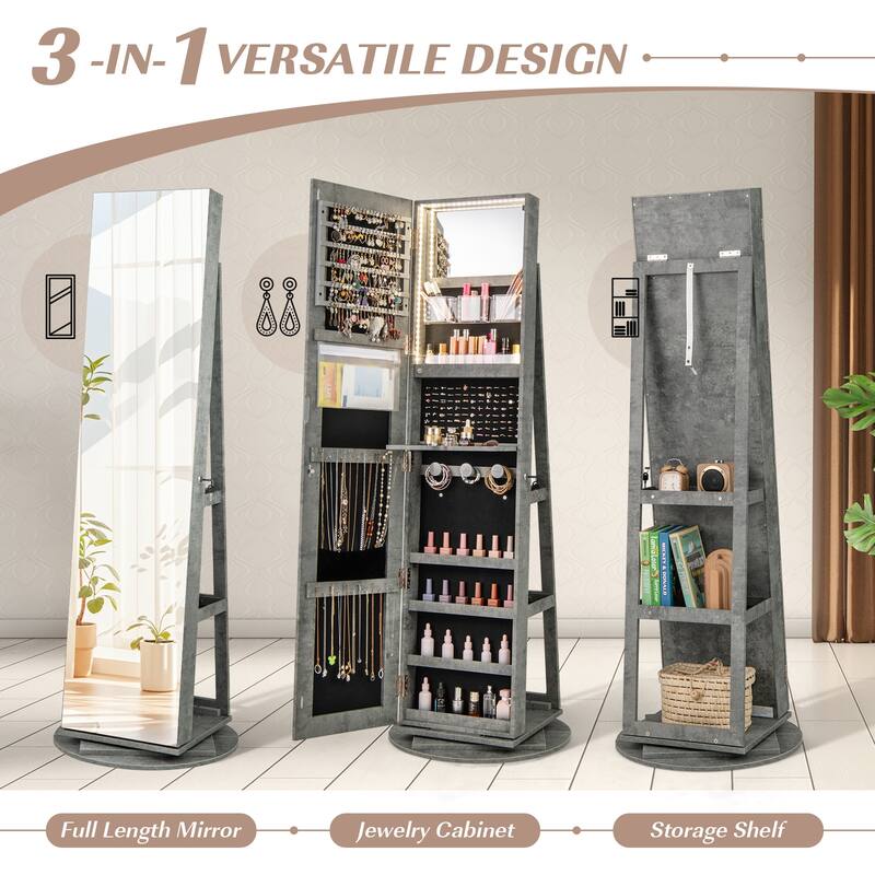 Gymax 360° Rotating Mirrored Jewelry Cabinet Armoire 3 Color LED Modes