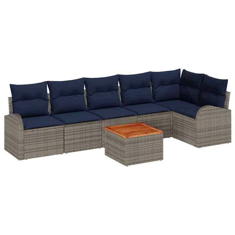 vidaXL 7 Garden Sofa Set with Cushions Black/Grey Poly Rattan - 113.8 x 48.8 x 27.2