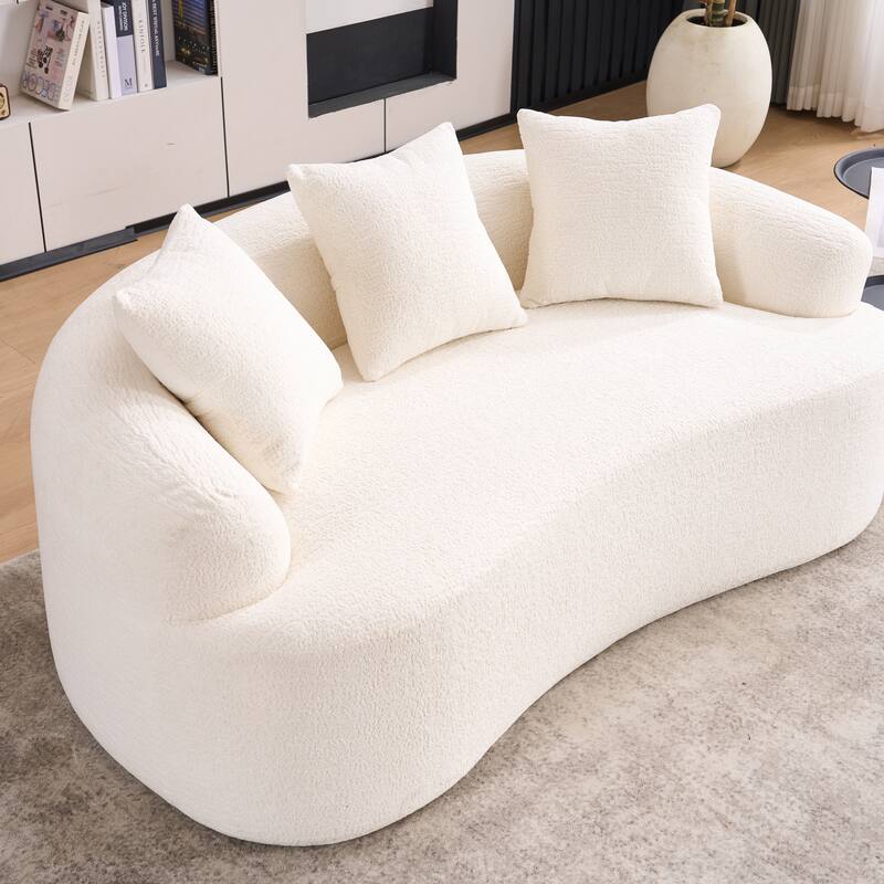 Small Chenille Upholstered Loveseat Sofa, Deep Seat Compression Boneless Couch, Curved Floor Sofa with 3 Pillows