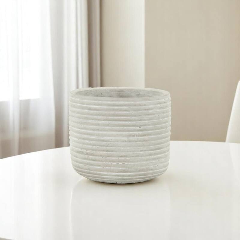 HomeRoots Light Gray Cement 39 Ounce Striped Round Distressed Pot Planter - 5.75 in. x 5.00 in. x 5.75 in. - Light Gray - 5.75 in. x 5.00 in.  x 5.75 in.