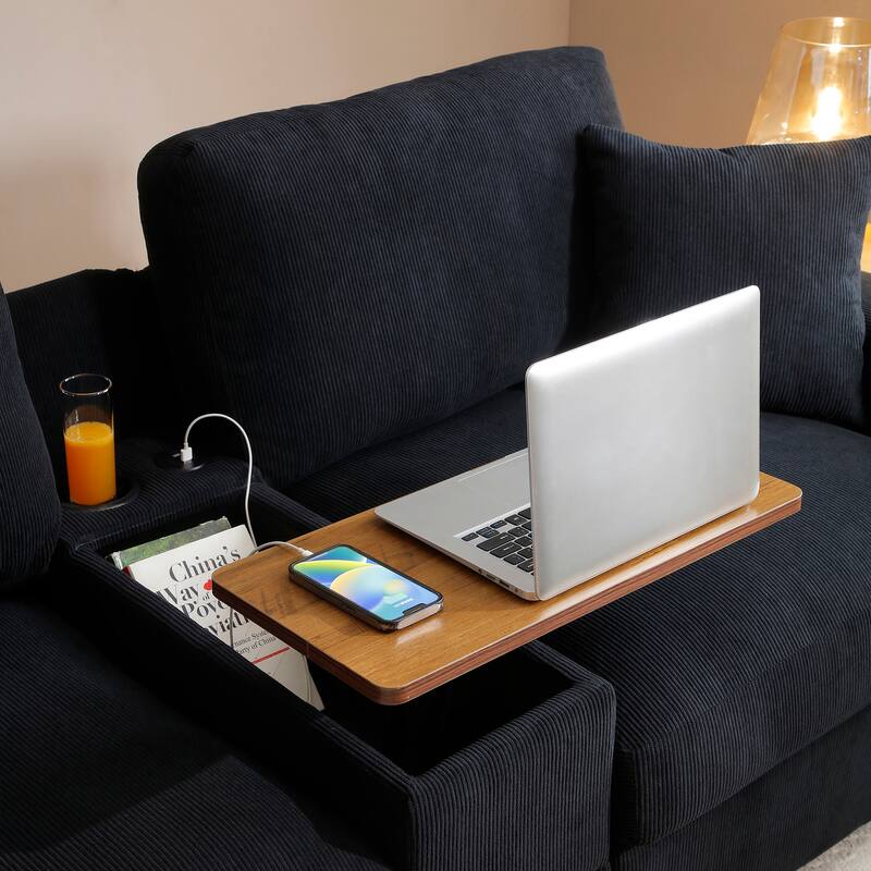 L-Shaped Oversized Couch,Drop Down Table,360-degree Swivel tray,Cup Holders,USB Charger,Storage Ottoman and Armrest