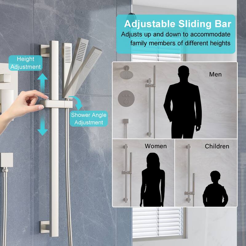 3-Function Shower System With 12" Ultra-Thin Square Shower Head,Body Jets And Hand Shower(Valve Included)